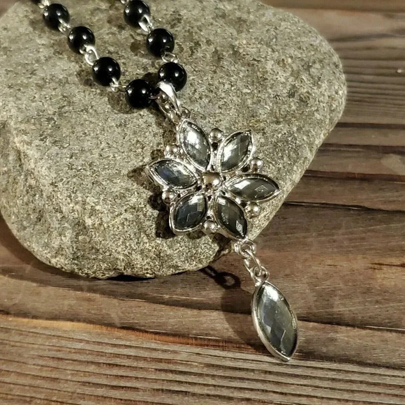 Victorian Style Black Silver and Smoke Navette Flower Pendant Necklace - Picture 1 of 5